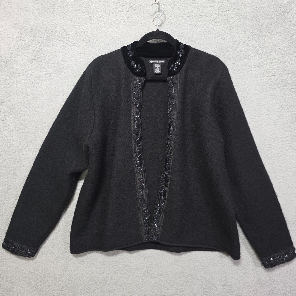 Alexandra Bartlett Black Wool Dressy Beaded Jacket Open Front Beaded Cuffs Med